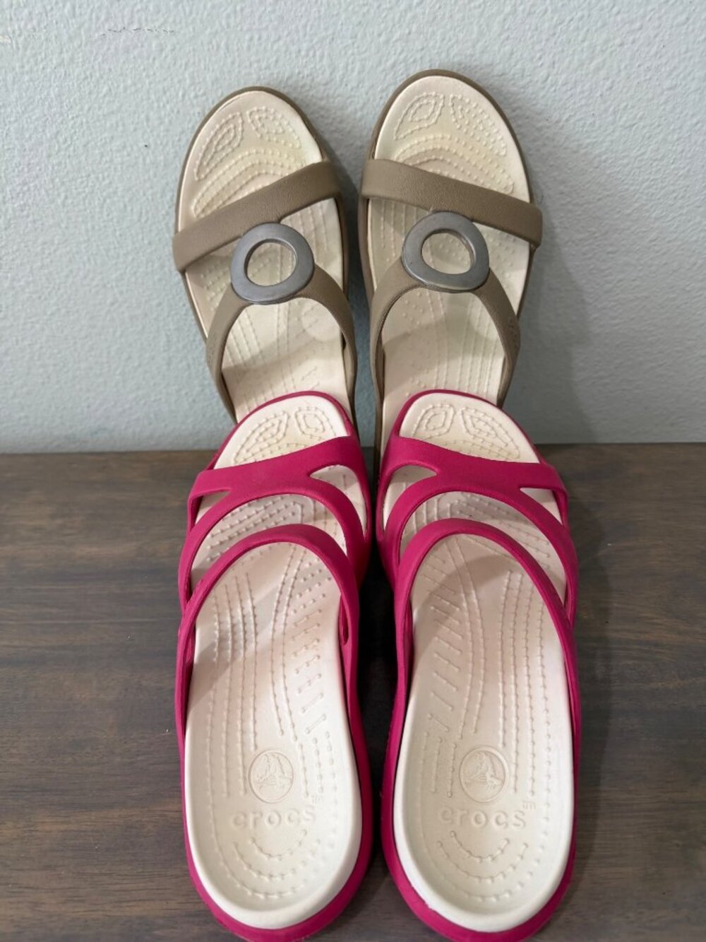 Two Pairs Women's Size 6 Crocs Sandals Slip on Tan/Silver and Pink Great Conditi